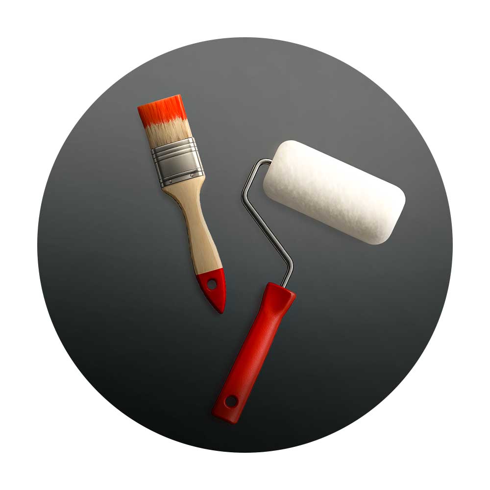 Pinsel und Farbroller vor dunklem Hintergrund – typische Werkzeuge zum Streichen von Wänden