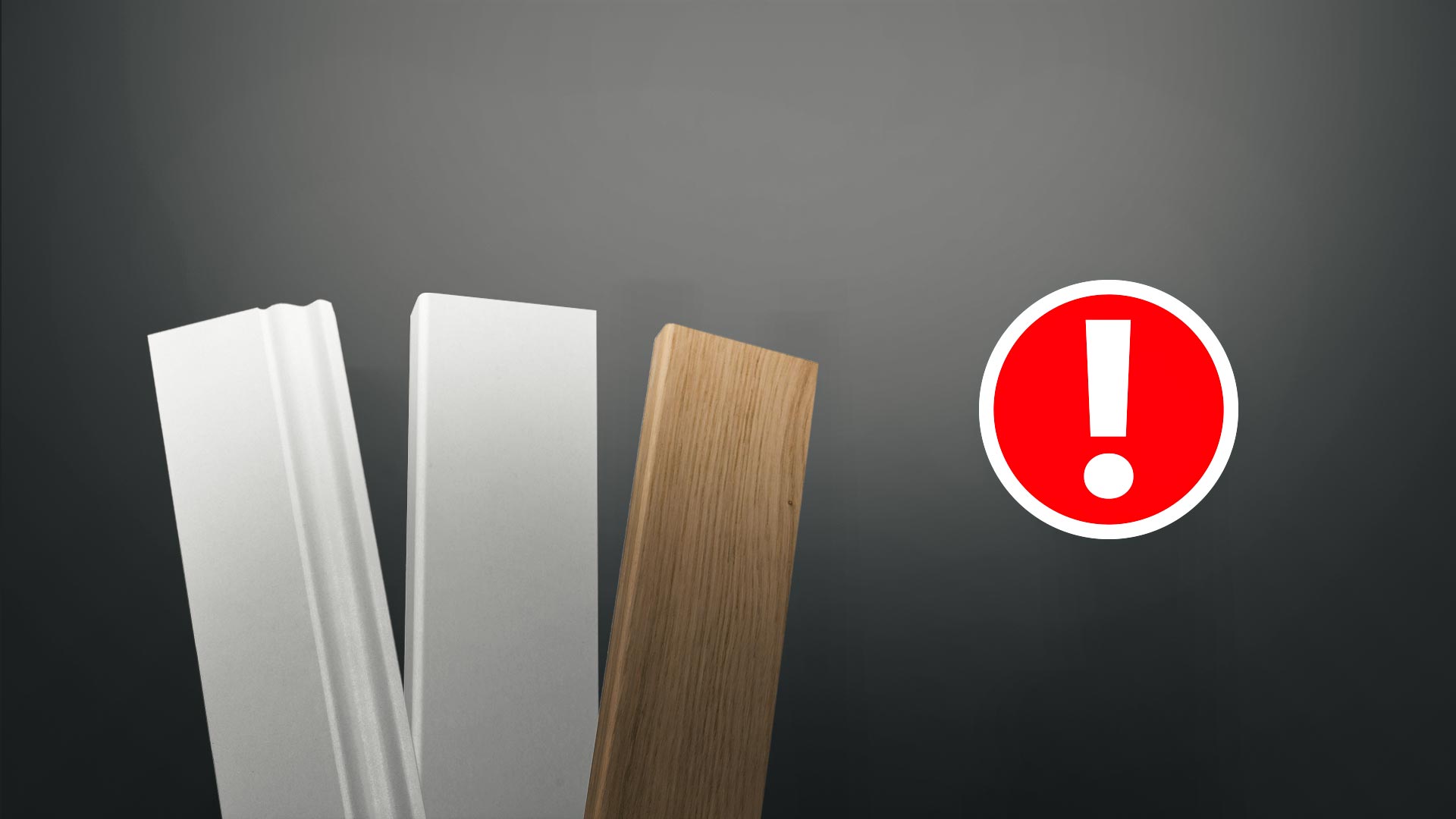 Sockelleisten verschiedener Profile mit rotem Warnsymbol zur Darstellung typischer Montagefehler