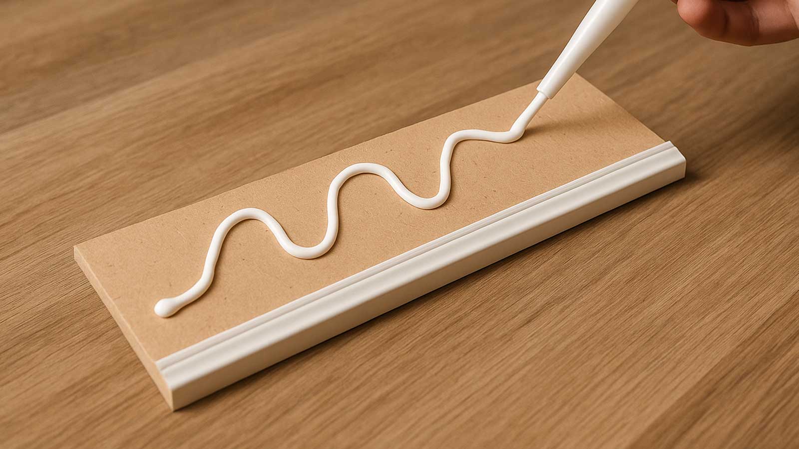 Montagekleber wird wellenförmig auf die Rückseite einer MDF-Sockelleiste aufgetragen