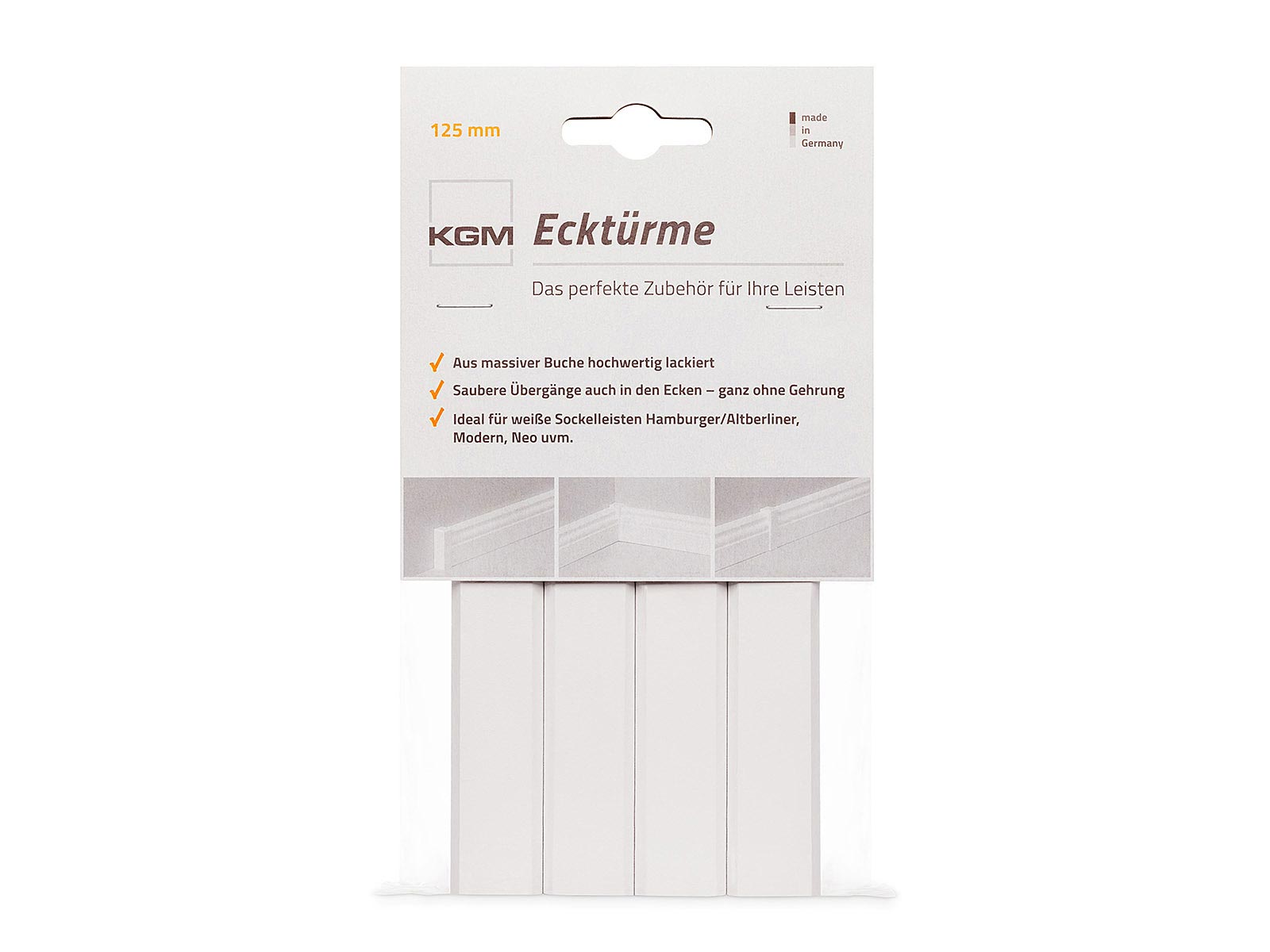 KGM 4er-Pack Ecktürme für Sockelleisten in weiß - 125 mm