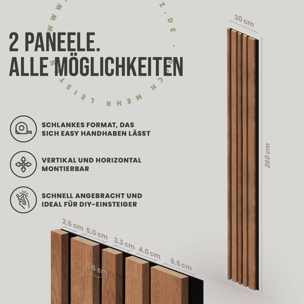 Akustikpaneele Blend Eiche bronze 30 x 260 cm 2er Set mit Abmessungen