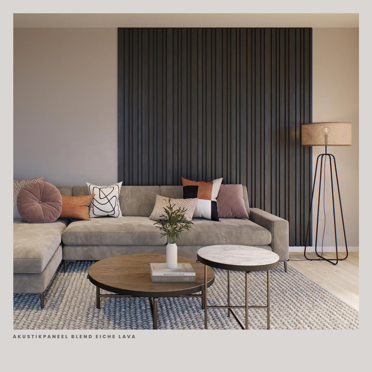 Akustikpaneele Blend Eiche Lava 30 x 260 cm im Wohnzimmer