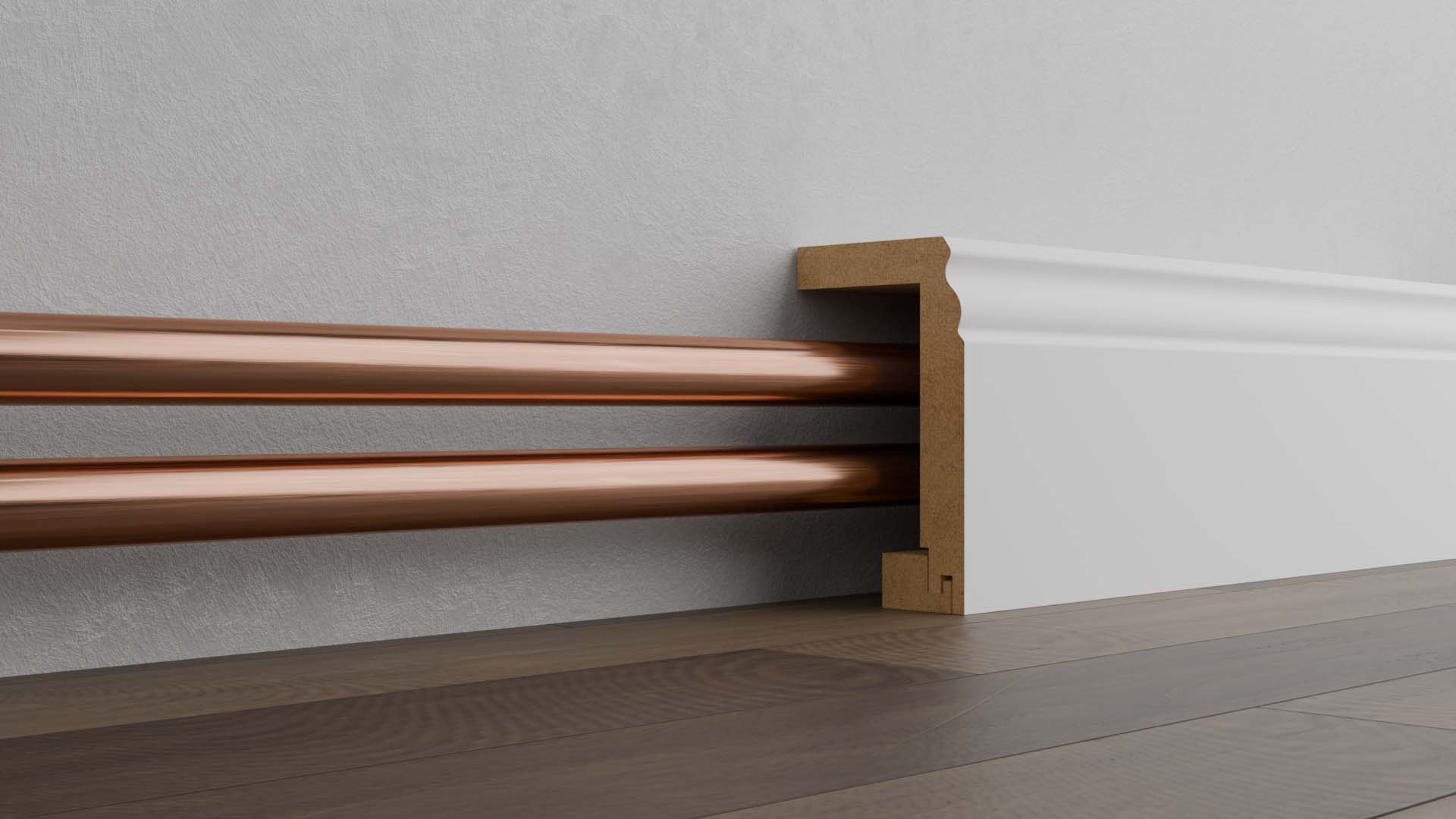 Heizungsrohre werden mit einer weißen Rohrabdeckleiste aus MDF elegant verdeckt – Querschnittsansicht der Verkleidung entlang der Wand.