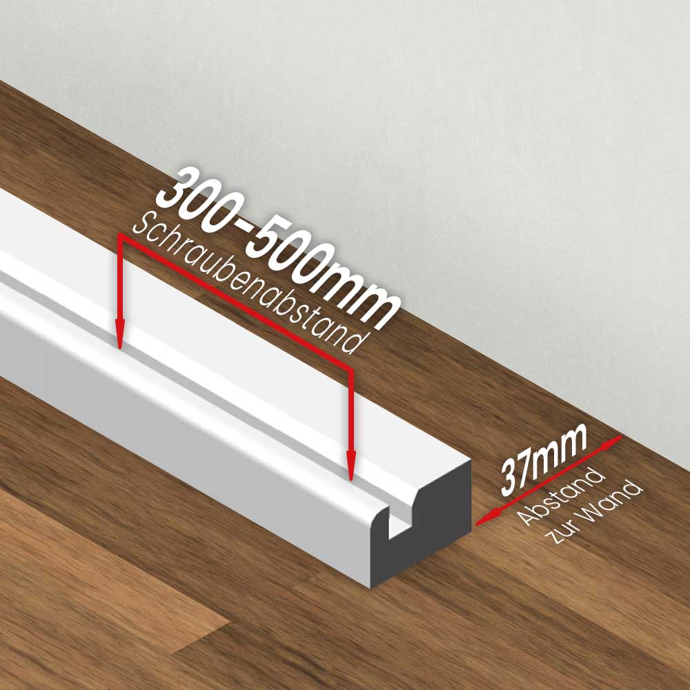 Bodenleiste des Heizrohradapters mit 37 mm Abstand zur Wand und markiertem Schraubenabstand von 300–500 mm für die richtige Montage.