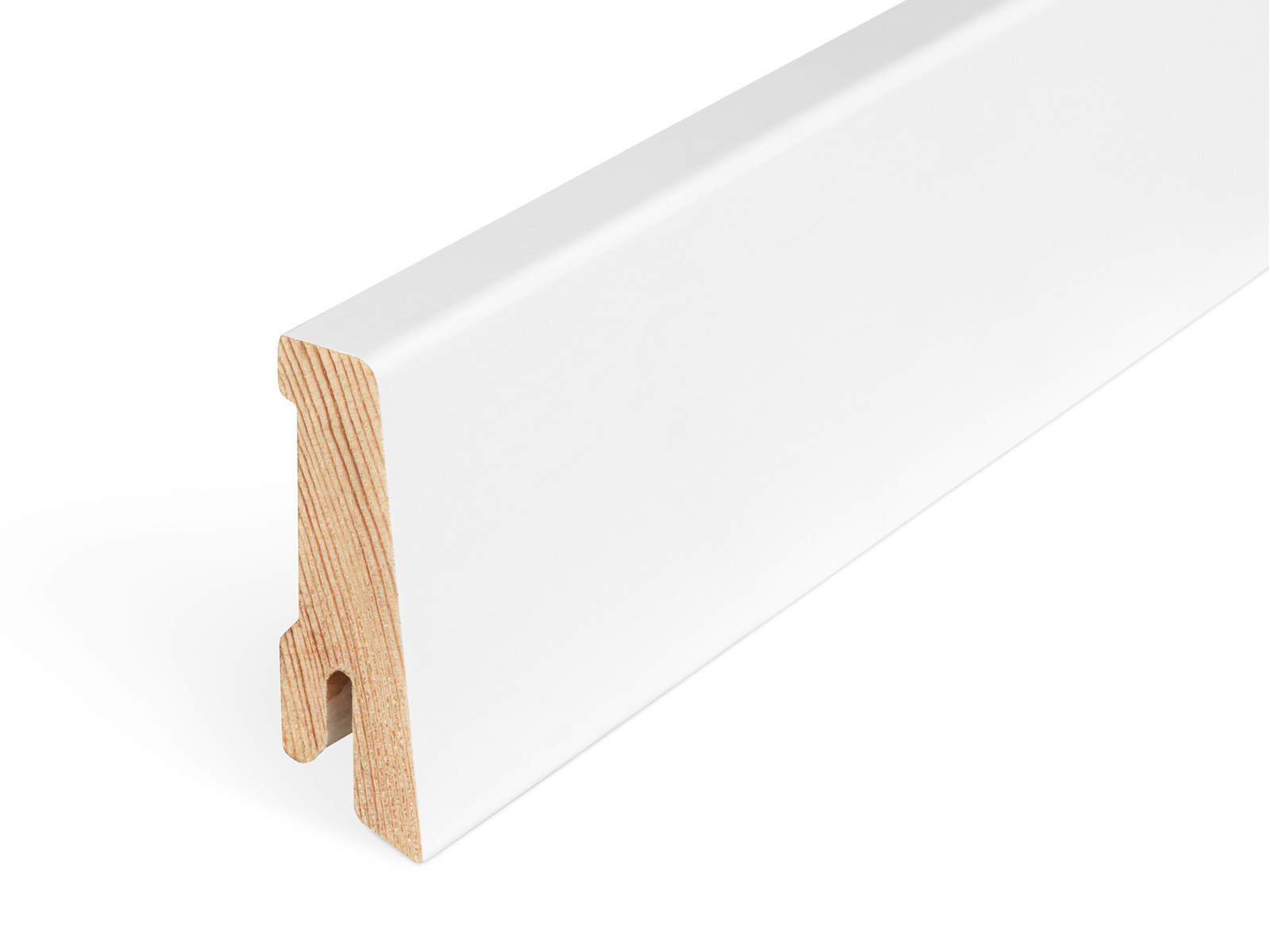 Sockelleiste Massivholz Kiefer weiß lackiert RAL9016 konisches Profil Seitenansicht