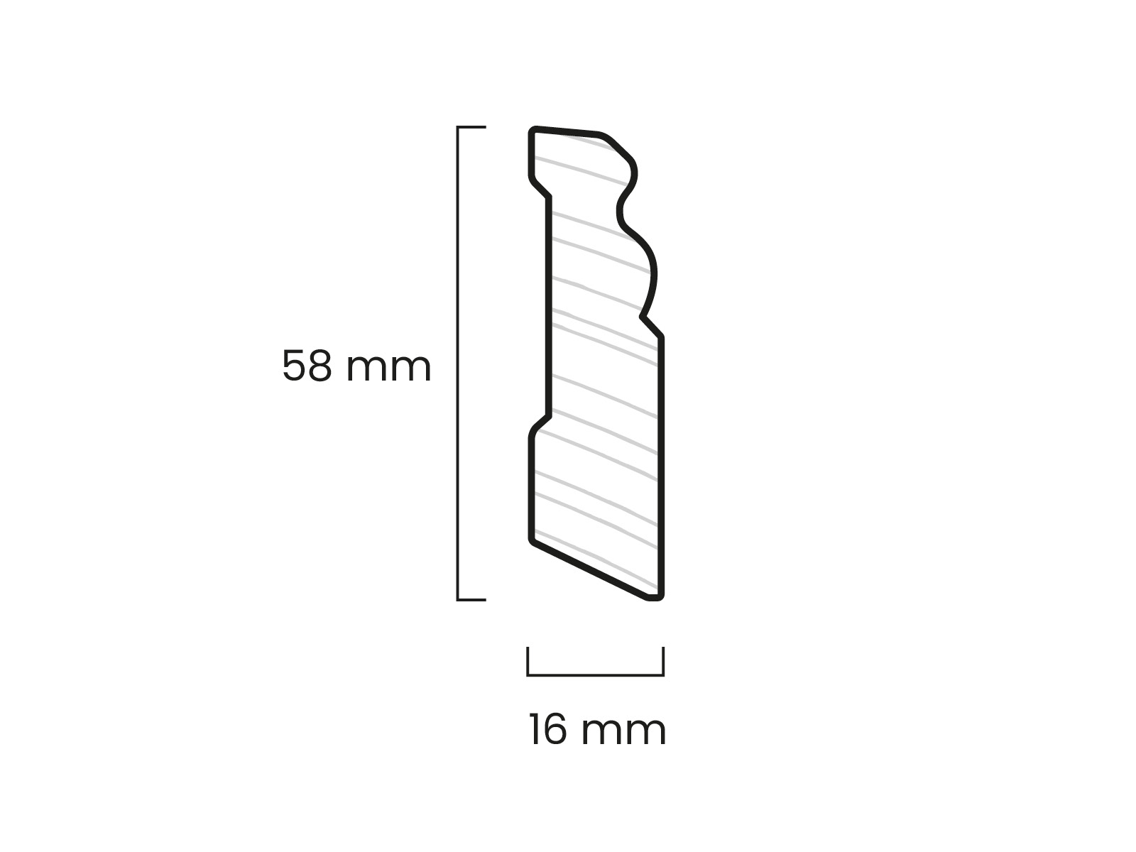 Technische Zeichnung der Hamburger Leiste Pro: 58 mm hoch, 16 mm tief, mit profilierter Oberkante