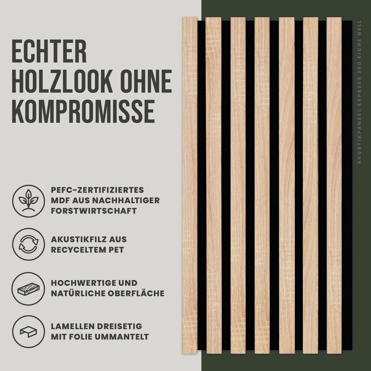 Akustikpaneele Eiche hell foliert 30 x 260 cm 2er Set Frontansicht