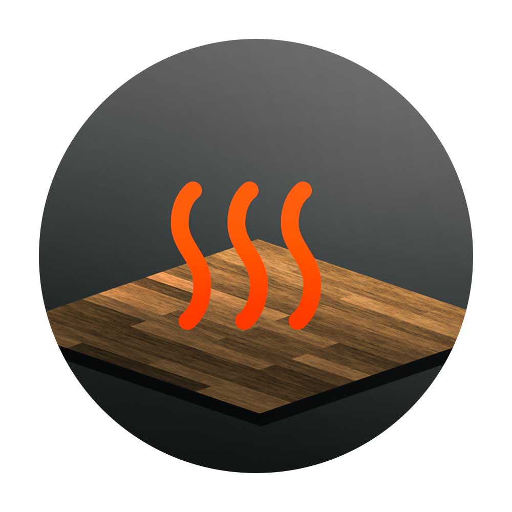 Symbolische Darstellung eines Fußbodens mit orangefarbenen Wärmewellen für den Einsatz von Trittschalldämmung bei Fußbodenheizungen