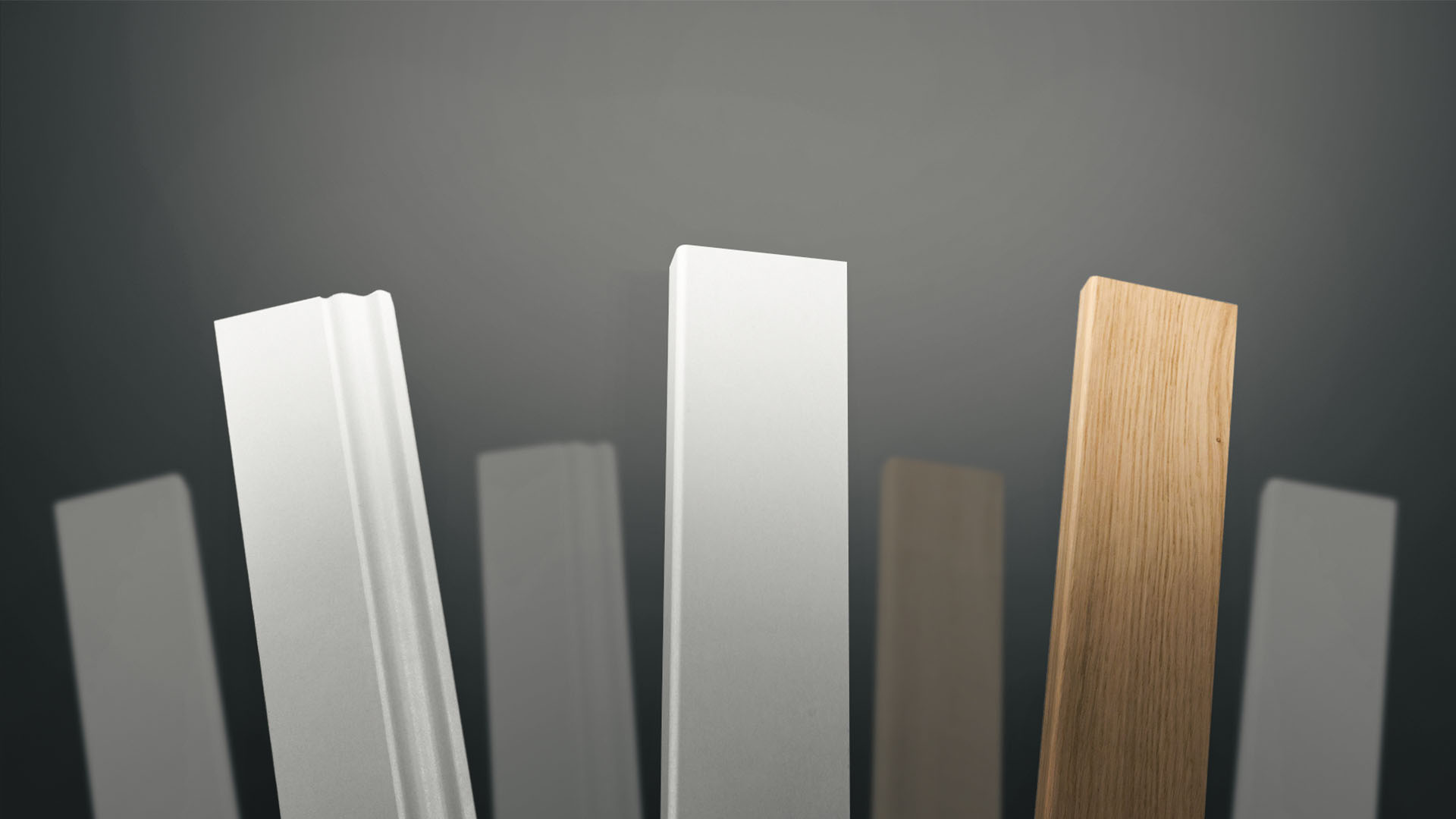 Darstellung verschiedene weiße und holzfarbene Sockelleisten