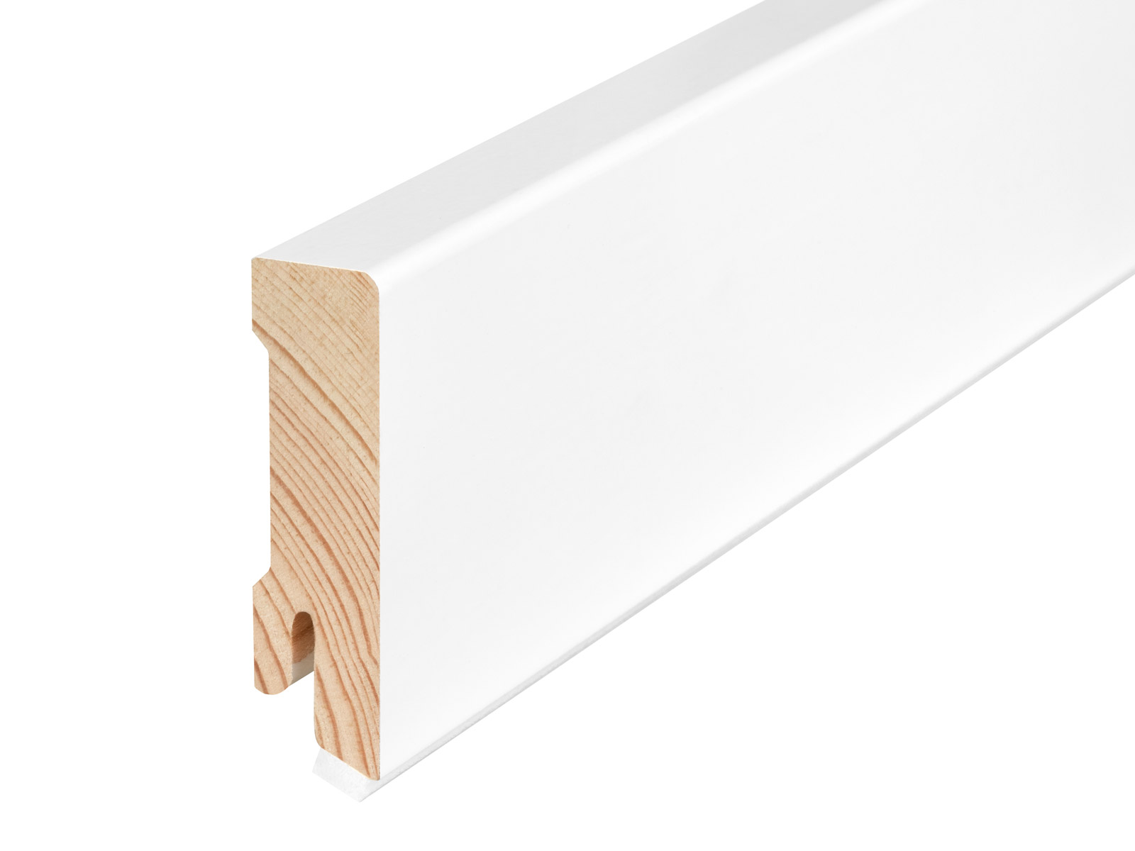 Sockelleiste aus Massivholz Kiefer weiß lackiert RAL9016 mit integriertem Schallschutzband Seitenansicht