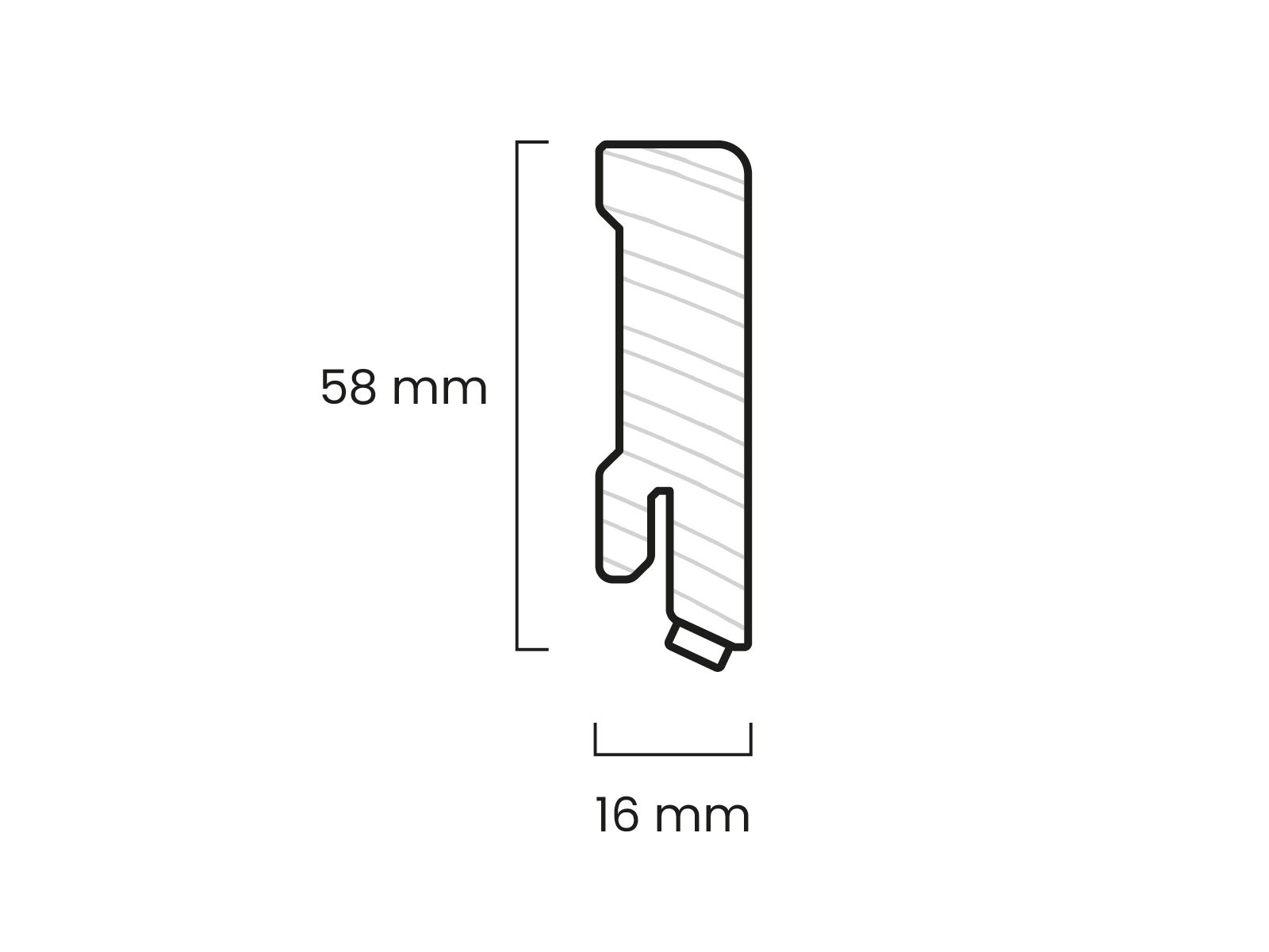 Profilzeichnung Sockelleiste Massivholz Kiefer weiß lackiert RAL9016 Maße 58 x 16 mm mit Schallschutzband