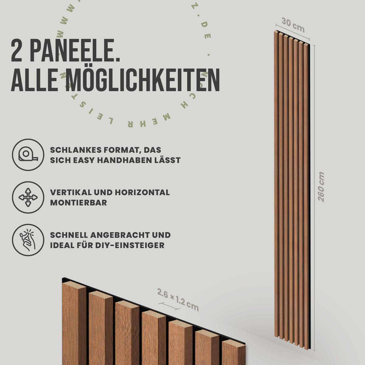 Akustikpaneele Eiche Rustikal 30 x 260 cm 2er Set mit Abmessungen und Produktaufbau