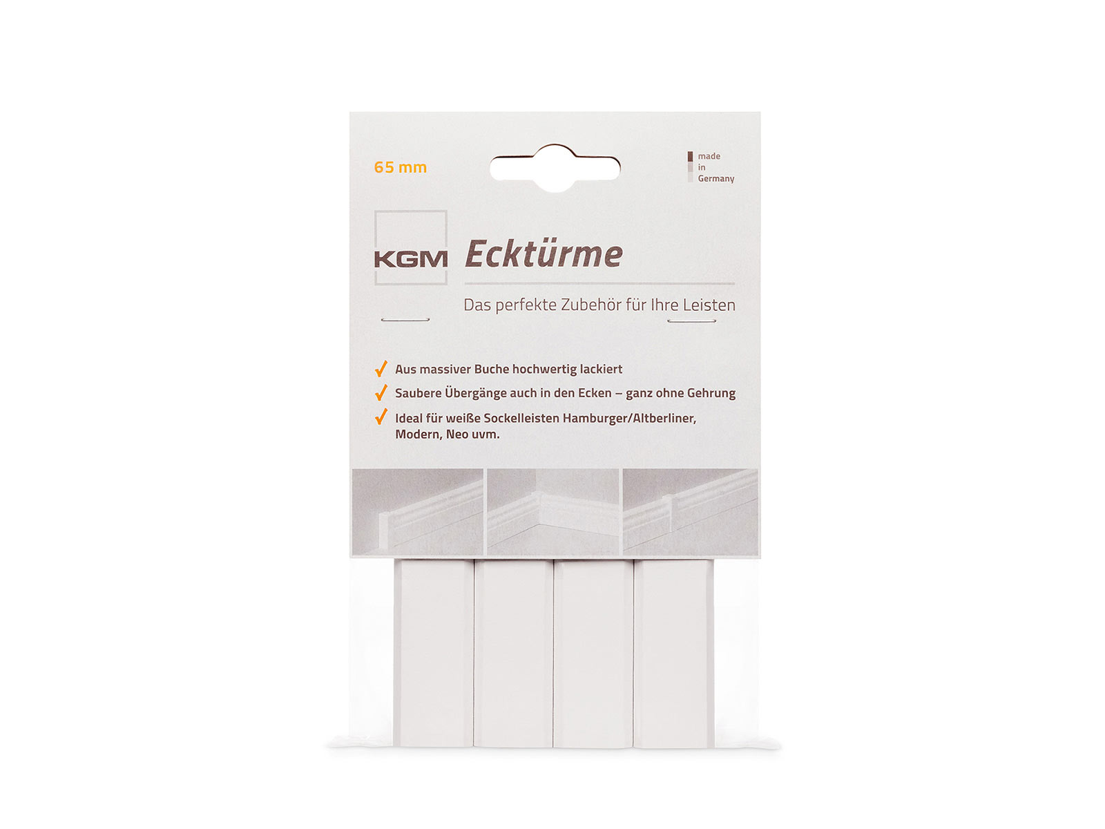 KGM 4er-Pack Ecktürme für Sockelleisten in weiß - 65 mm