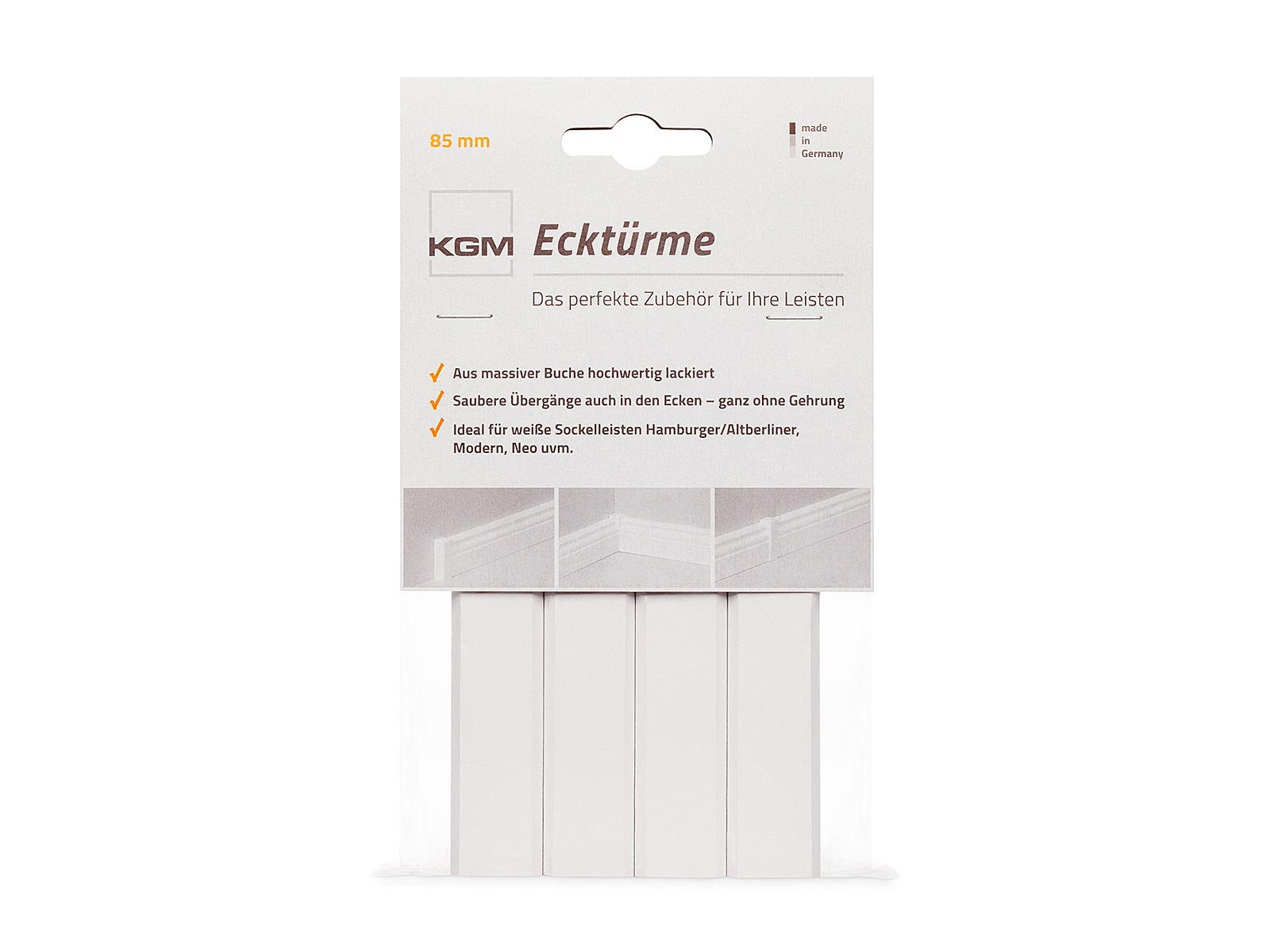 KGM 4er-Pack Ecktürme für Sockelleisten in weiß - 85 mm