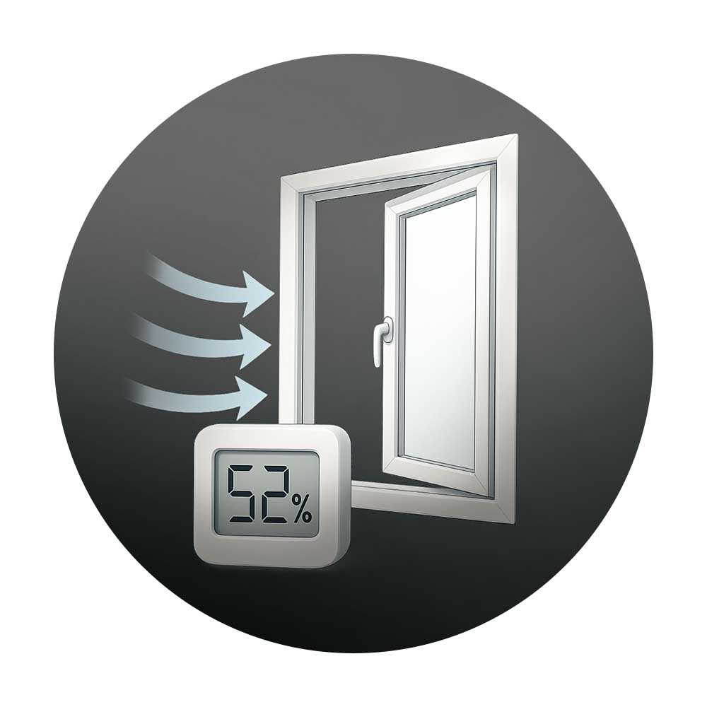 Offenes Fenster mit Luftzirkulation und Hygrometer – richtige Lüftung zur Reduzierung von Feuchtigkeit und Vermeidung von Schimmel hinter Sockelleisten.
