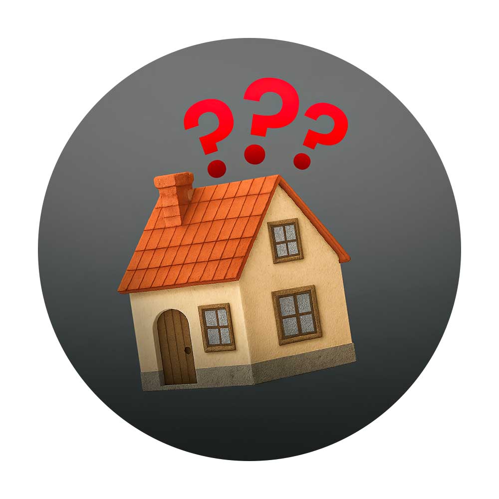 Illustration eines Hauses mit roten Fragezeichen