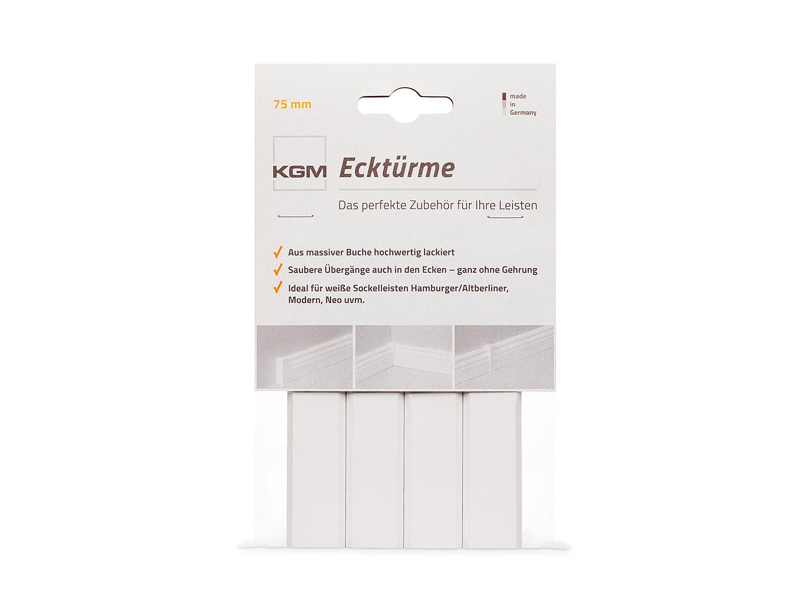 KGM 4er-Pack Ecktürme für Sockelleisten in weiß - 75 mm