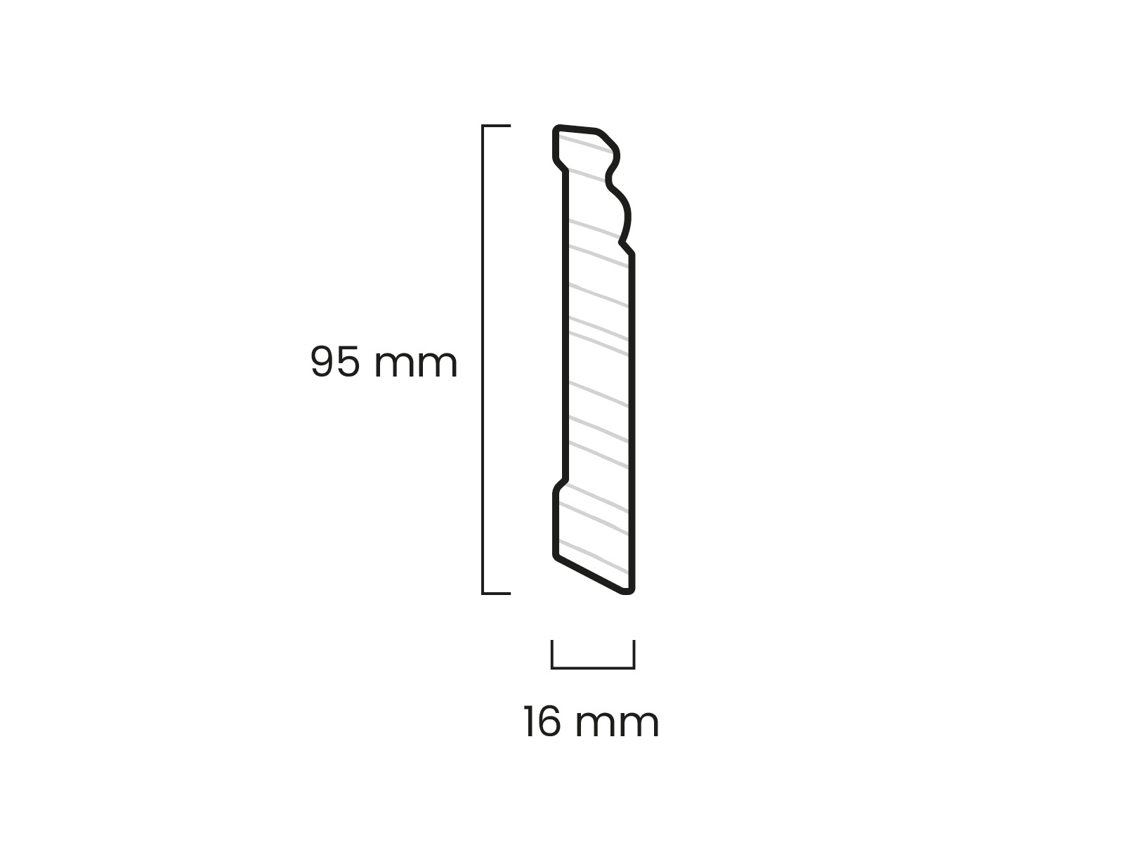 Technische Zeichnung der Hamburger Leiste Pro: 95 mm hoch, 16 mm tief, mit profilierter Oberkante