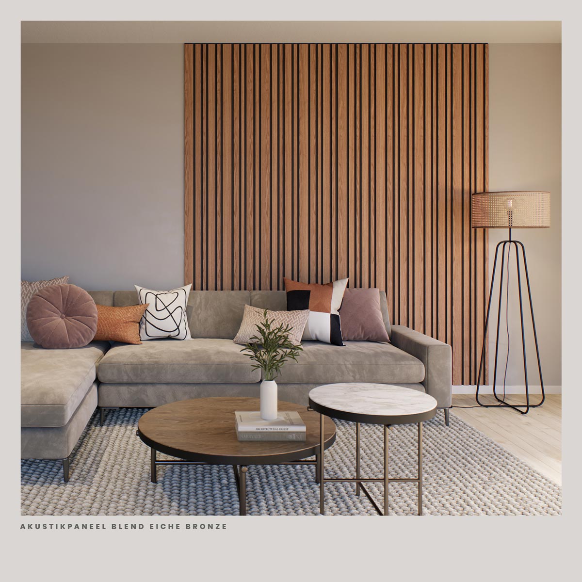 Akustikpaneele Blend Eiche bronze 30 x 260 cm im Wohnzimmer